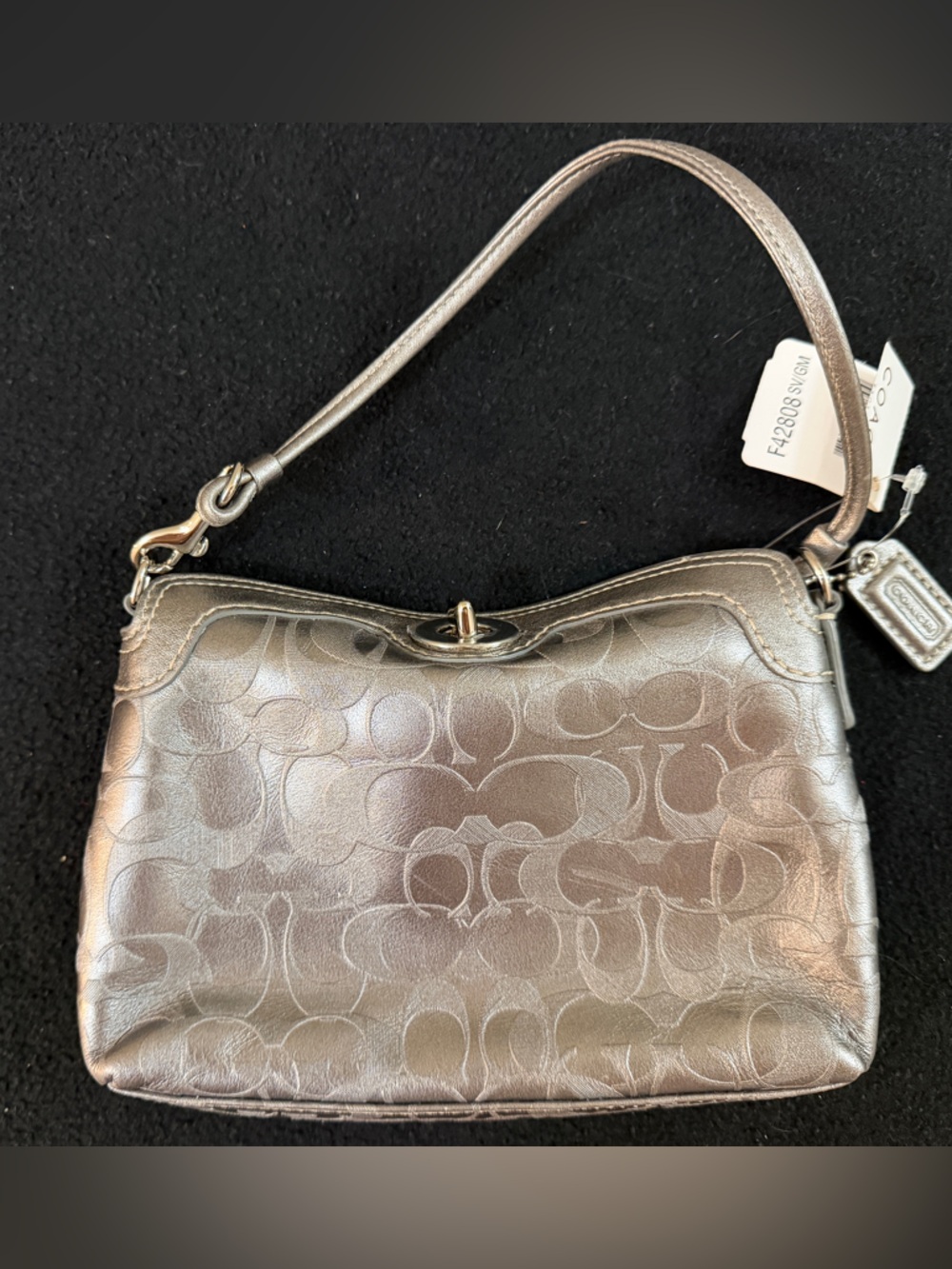 NWT vintage COACH Signature metallic dark silver wristlet clutch